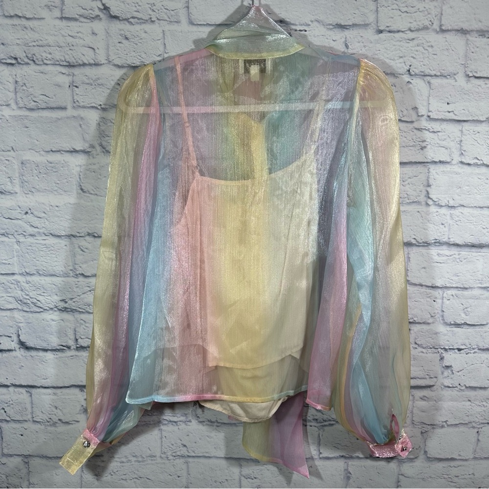 Aura Pastel Rainbow Sheer Tie-Neck Blouse - Picture 2 of 5